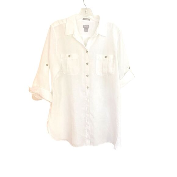 Chico’s 100% Linen White Quarter Sleeve Button Down Shirt Sz L - Picture 1 of 9